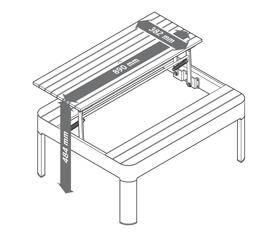 Rysunek modułowego zestawu mebli ogrodowych przedstawia wymiary stołu: wysokość 484 mm, szerokość 382 mm i długość 890 mm.