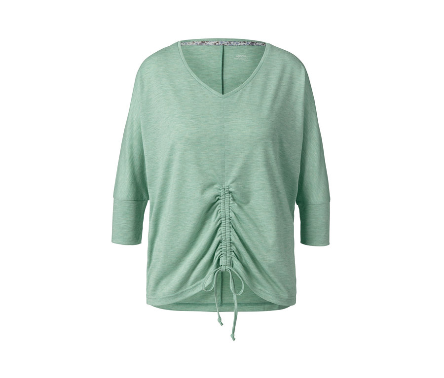 Zielona nakrapiana koszulka do jogi i treningu z rękawem o długości 3/4.