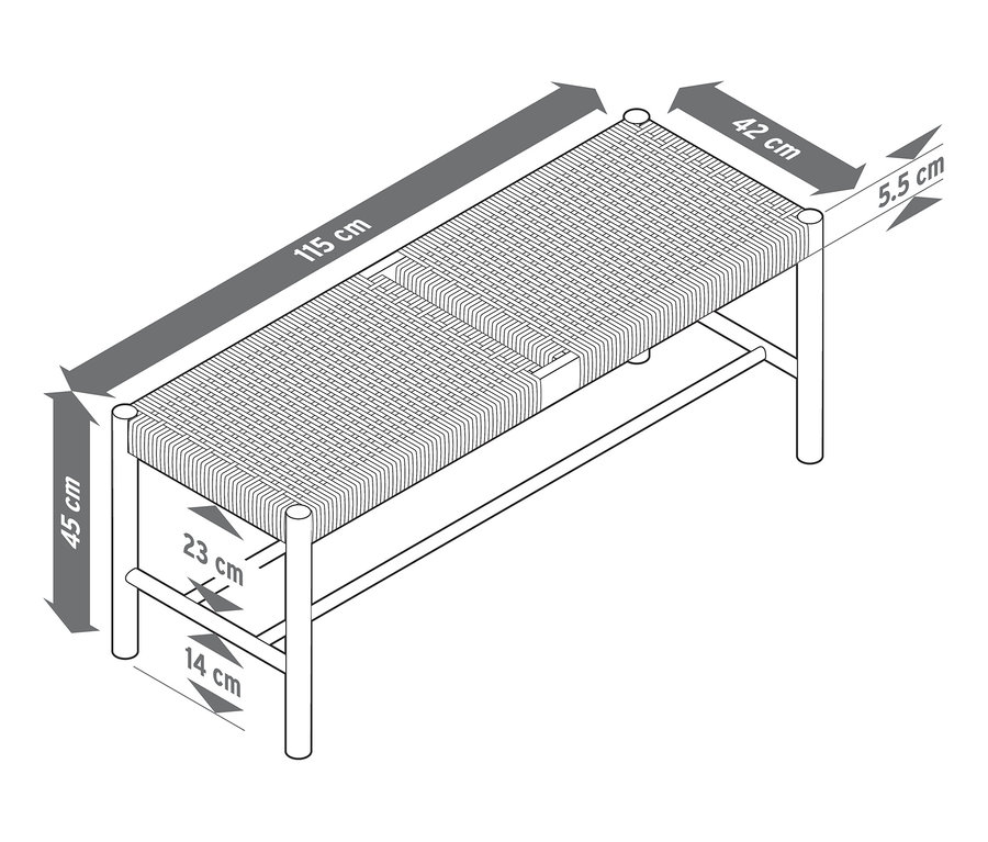 Ilustracja ławki z plecionką z wymiarami.