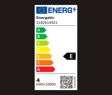 Etykieta energetyczna z klasami efektywności energetycznej od A do G, przy czym aktualne zużycie energii znajduje się w klasie E.