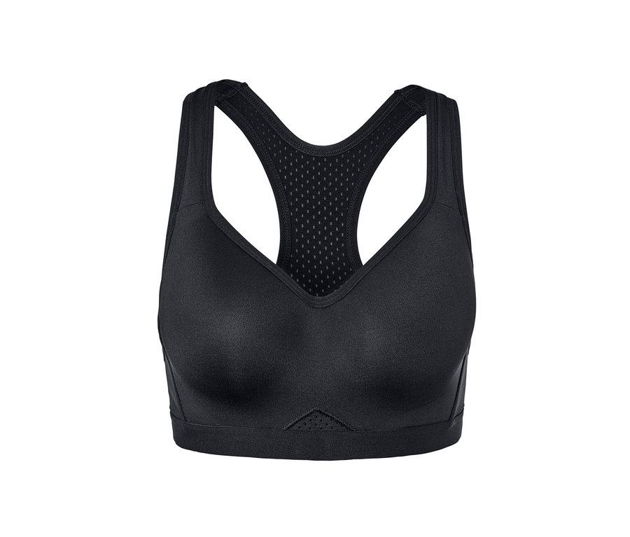 Czarny biustonosz sportowy.