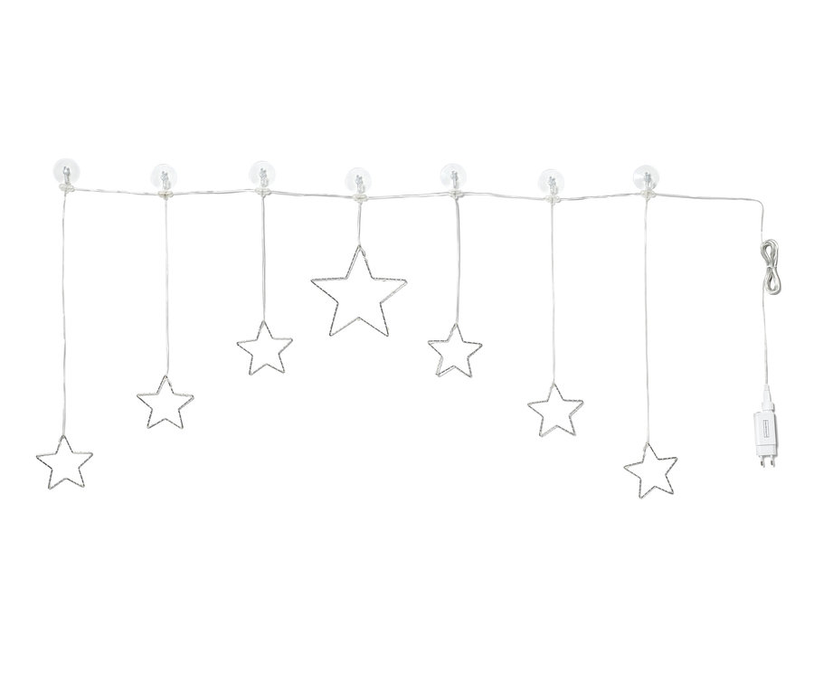 Kurtyna świetlna LED z gwiazdami zwisa na przezroczystych przyssawkach.