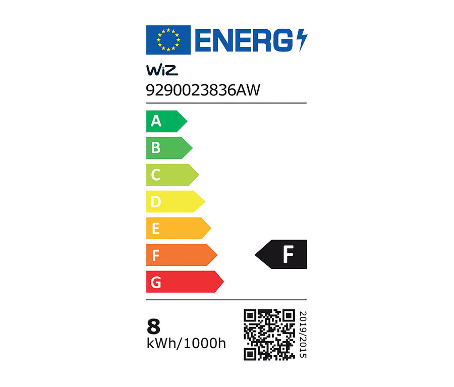 Etykieta energetyczna z klasami od A do G, produkt WiZ 9290023836AW, zużycie 8 kWh/1000h.