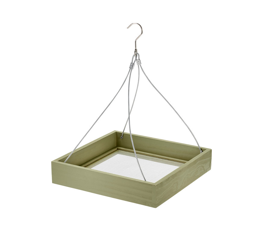 Zielony karmnik dla ptaków ze srebrnym haczykiem i drutami.