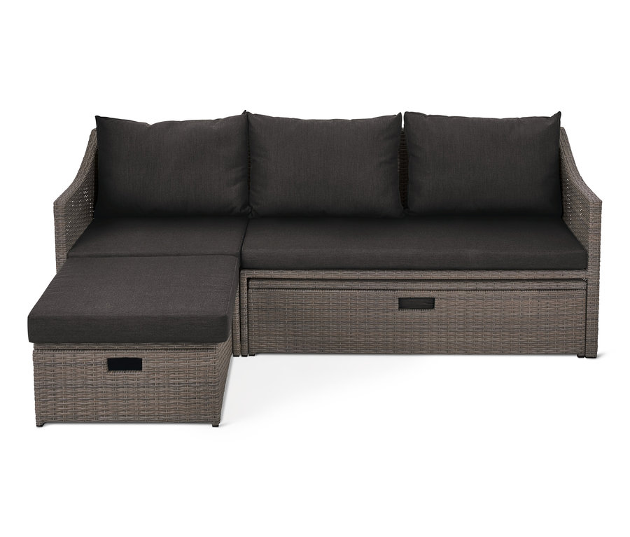 Rozkładana sofa »Thore« z miejscem do przechowywania, wykonana z szarego polyrattanu.