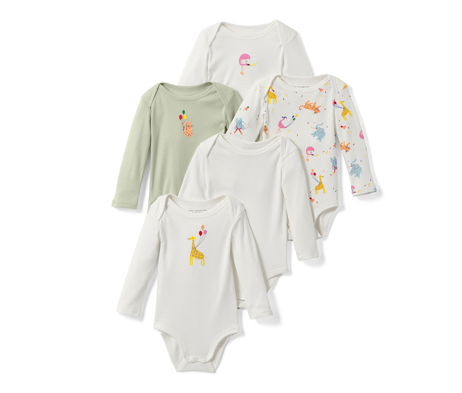 Pięć body niemowlęcych z długim rękawem leży na sobie. Body są białe, oliwkowe i zadrukowane zwierzętami.