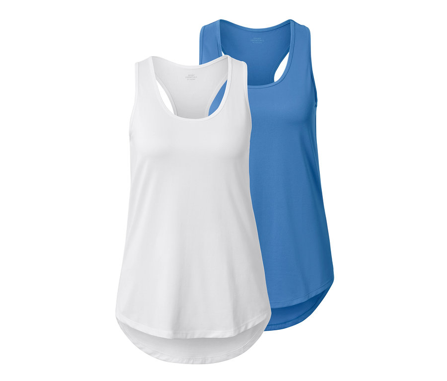 Dwa topy funkcyjne, jeden biały i jeden błękitny.