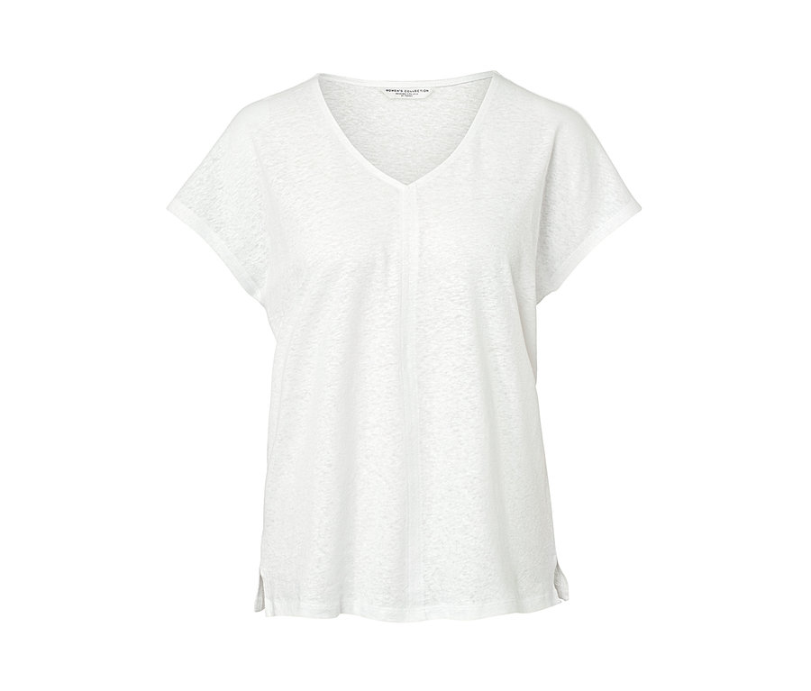 Kremowobiała koszulka z lnem z dekoltem w serek.