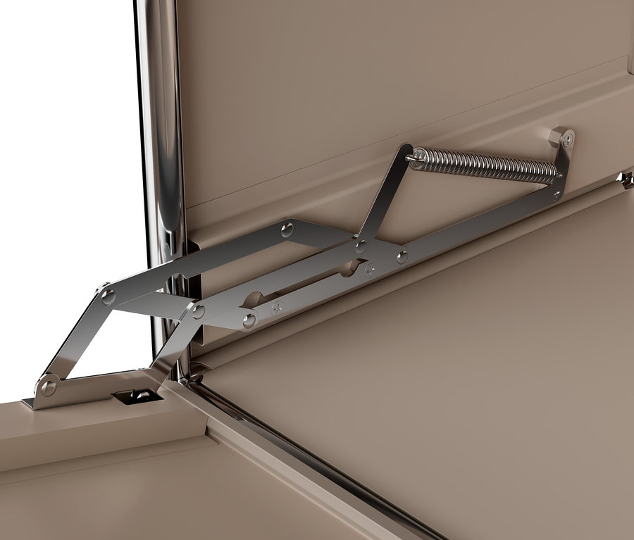 Szczegół szarobrązowej metalowej szafki typu sideboard „CN3” z klapą i metalowym mechanizmem.