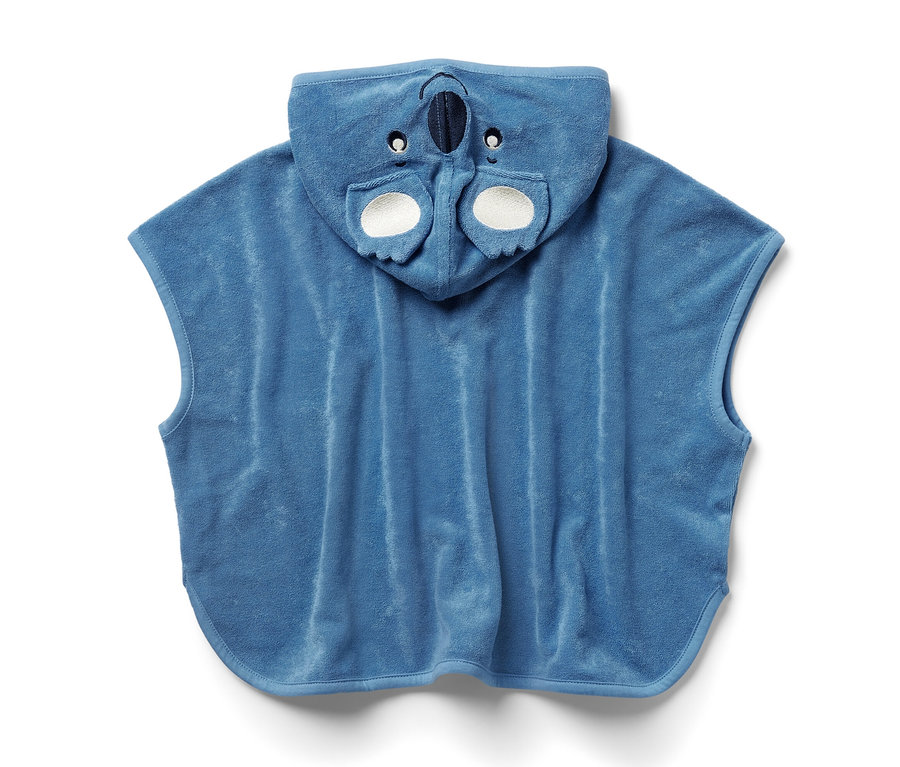 Niebieskie ponczo z tkaniny frotté dla dzieci z kapturem z motywem koali.