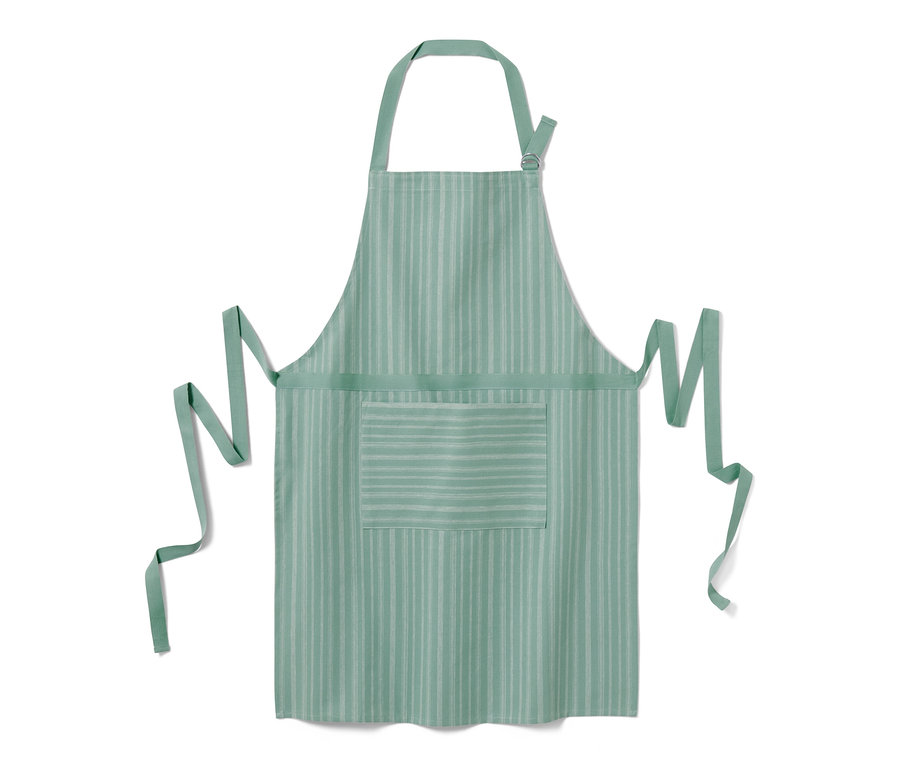Zielony fartuch kuchenny w paski z kieszenią.