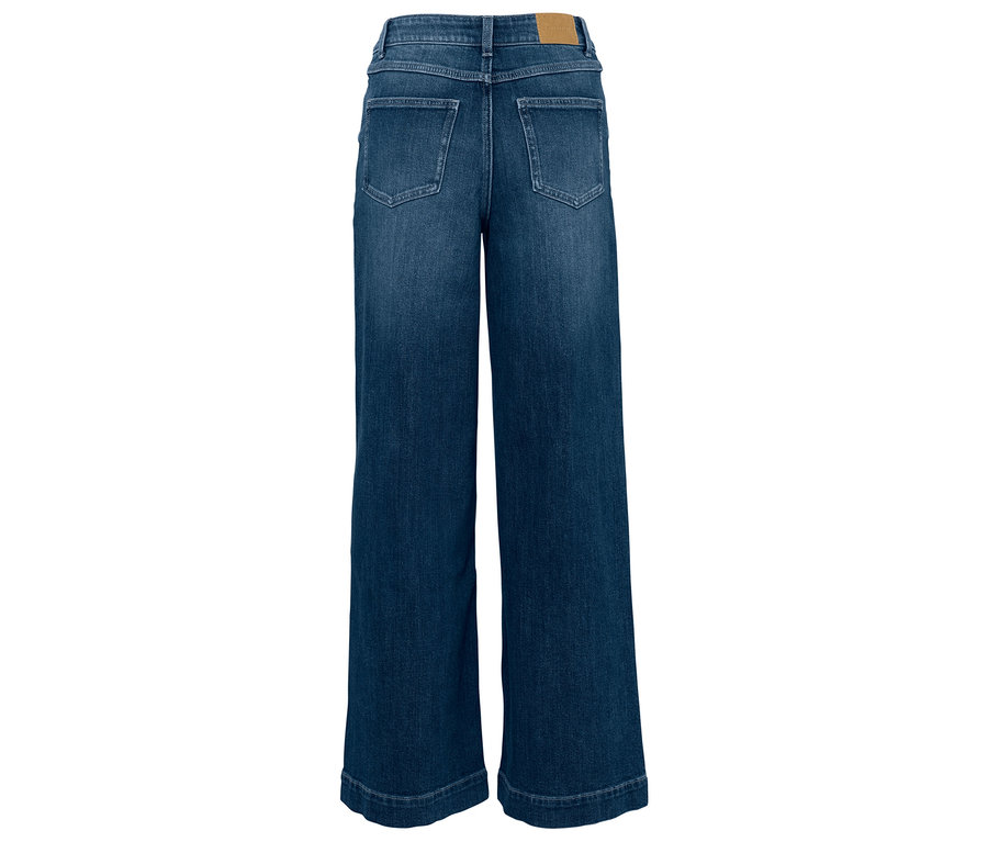 Widok z tyłu szerokich dżinsów z wysokim stanem i naszywką z logo.