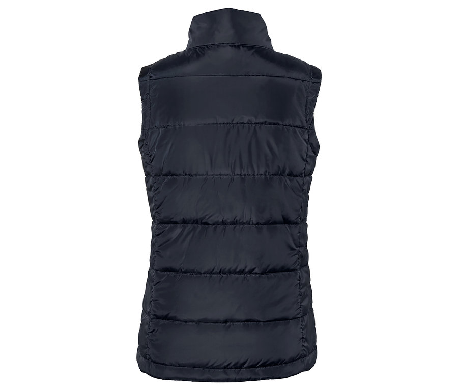 Widok z tyłu granatowej pikowanej kamizelki.