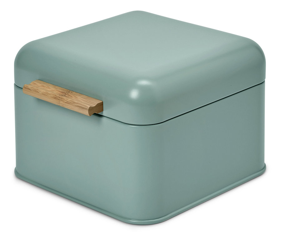 Zielony pojemnik z drewnianą rączką.