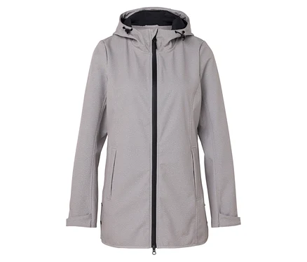 Szara kurtka softshell z kapturem i czarnym zamkiem błyskawicznym.