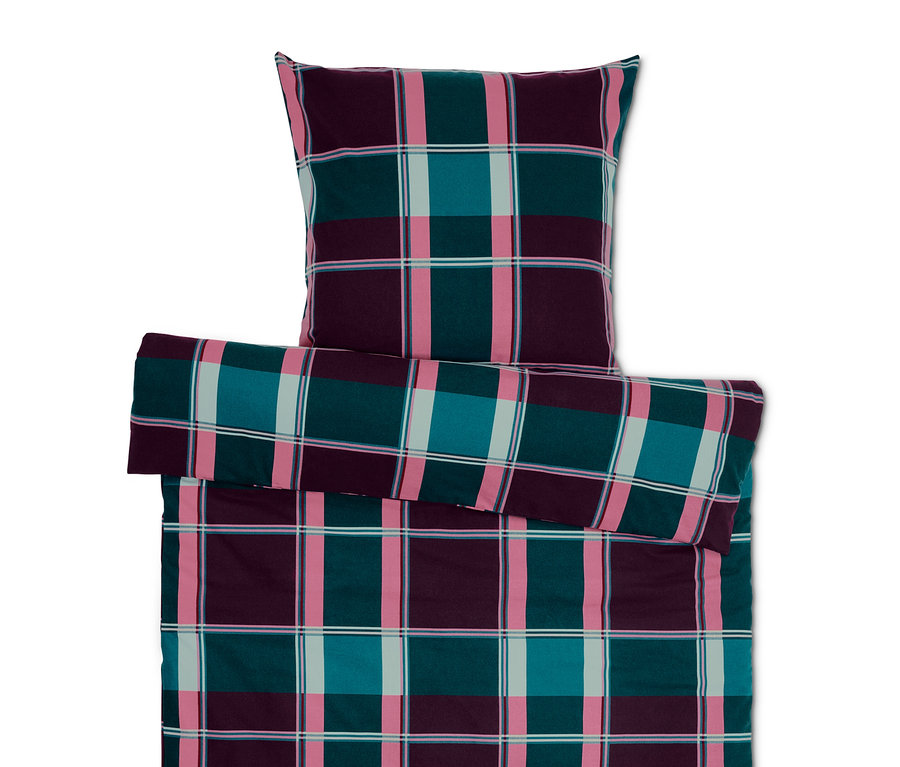 Komplet pościeli w kratę w odcieniach fioletu, zieleni i różu.