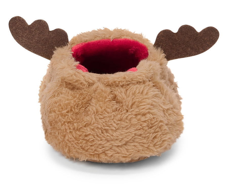 Brązowy, puszysty kapcie z porożem łosia i czerwoną wyściółką.