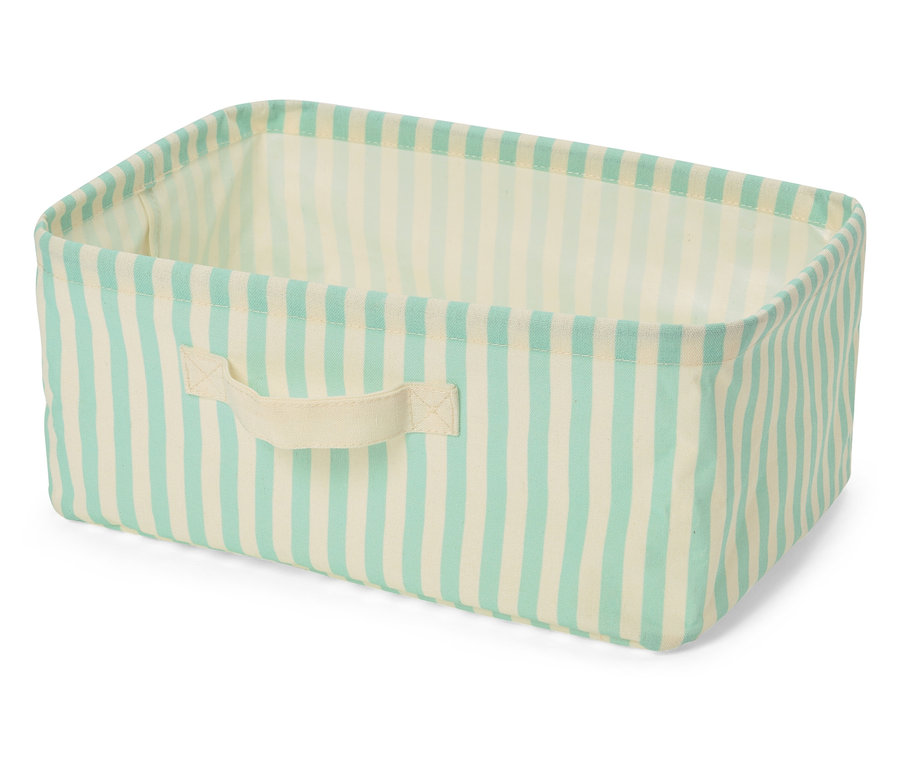 Prostokątny kosz do przechowywania w niebiesko-białe paski z materiałowym uchwytem.