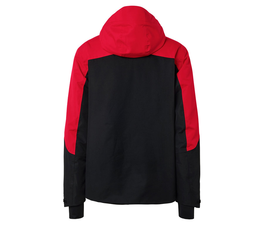 Widok z tyłu czarnej kurtki z czerwonym kapturem i rękawami.