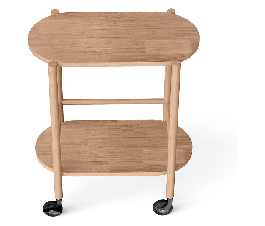 Drewniany wózek do serwowania z dwoma owalnymi blatami i kółkami.