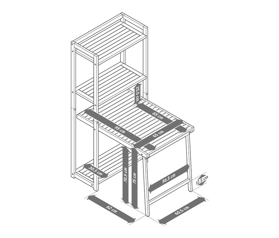 Wymiary zestawu na balkon „Lenja” z regałem.
