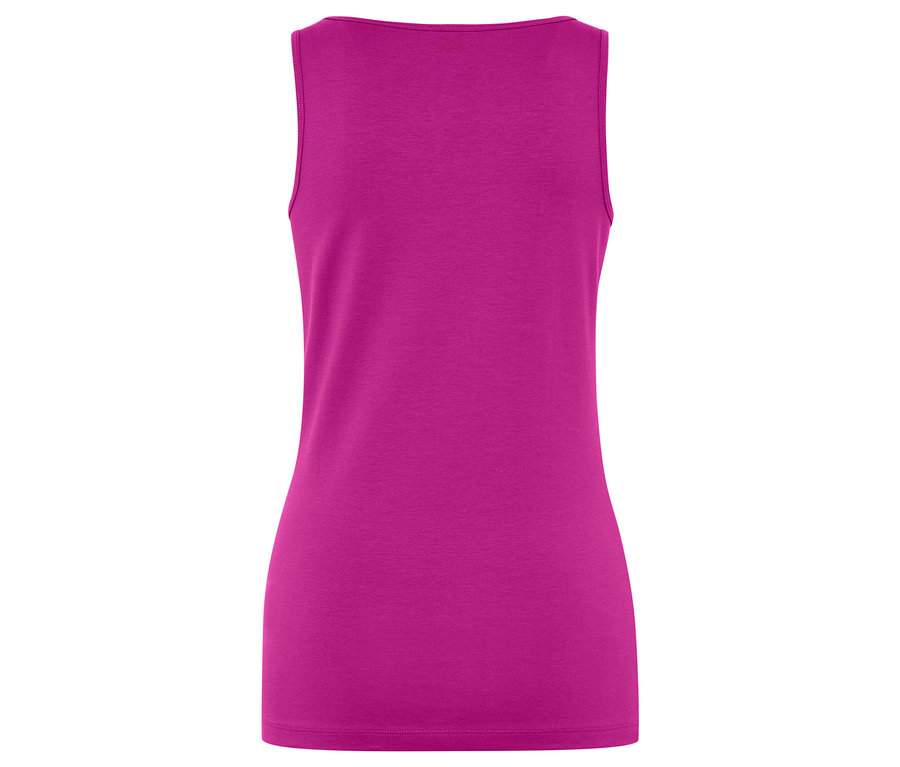 Widok z tyłu purpurowego topu bez rękawów.