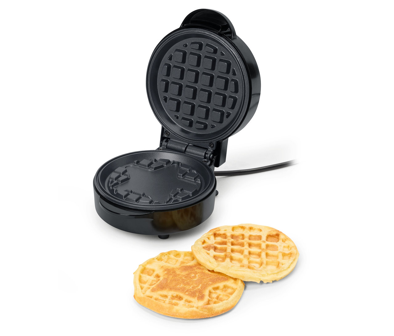 Otwarta mini gofrownica z dwoma gotowymi goframi przed nią.