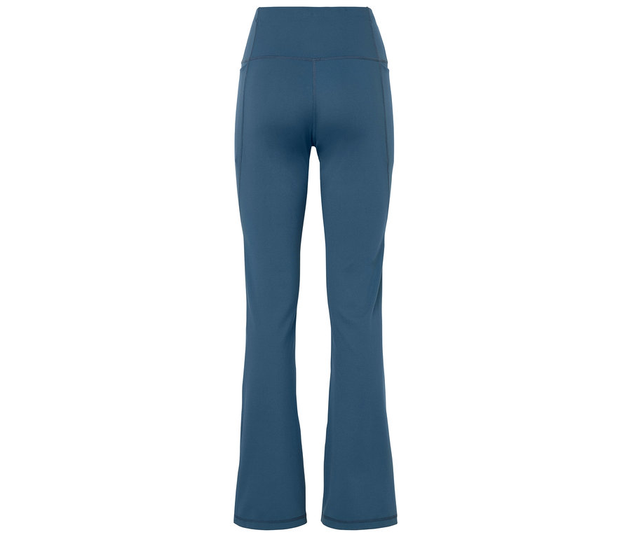 Niebieskie damskie spodnie typu bootcut z wysokim stanem.