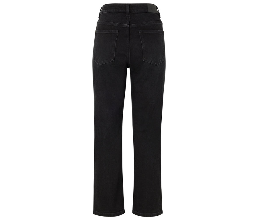 Widok z tyłu czarnych dżinsów z wysokim stanem i prostą nogawką.