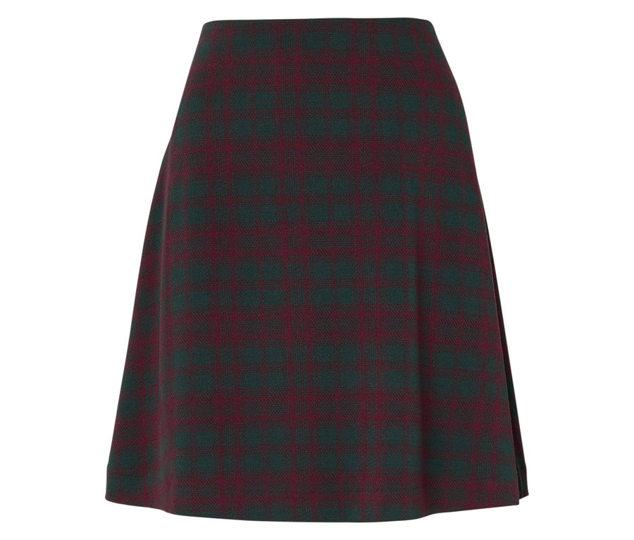 Spódnica w kratę w kolorze bordowym i zielonym.