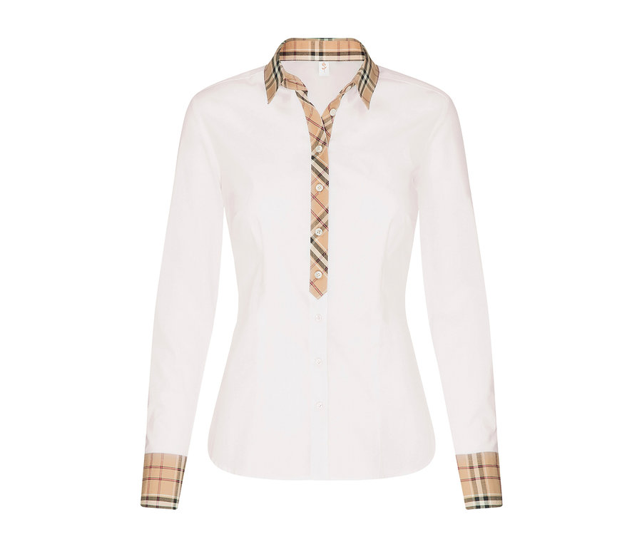 Biała popelinowa koszula Seidensticker z kratkowanymi detalami na kołnierzyku, listwie guzikowej i mankietach.