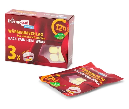 Opakowanie ogrzewających okładów Thermopad na bóle pleców, obok pojedynczy okład.
