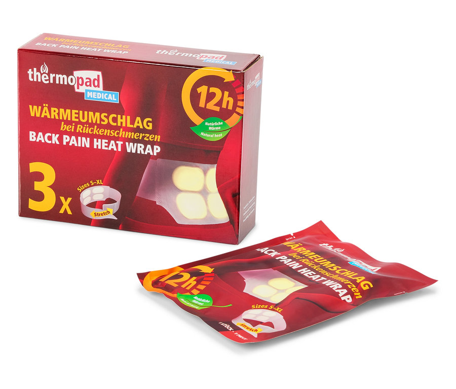 Opakowanie ogrzewających okładów Thermopad na bóle pleców, obok pojedynczy okład.