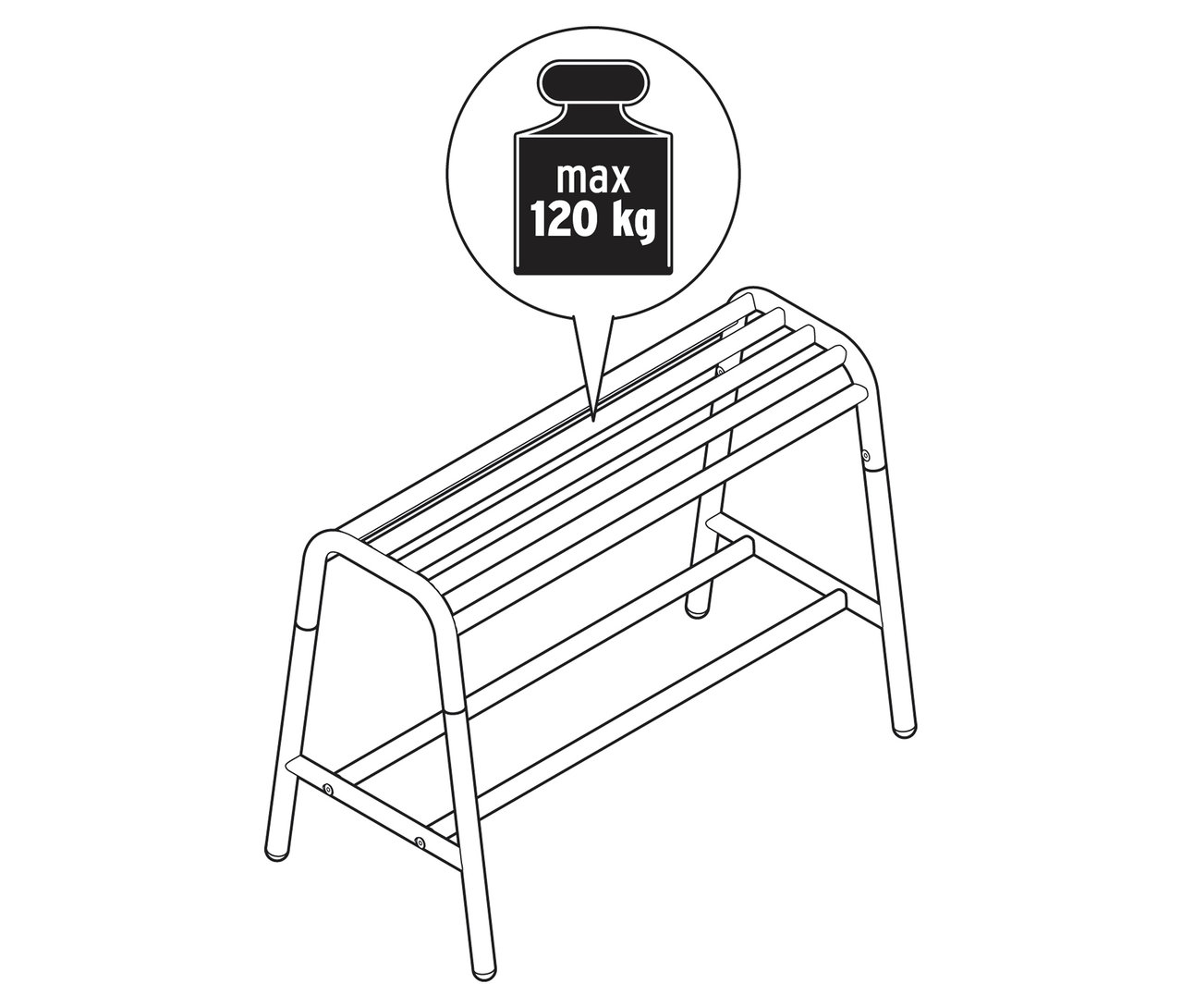 Ilustracja ławki z półką i informacją o maksymalnym obciążeniu 120 kg.