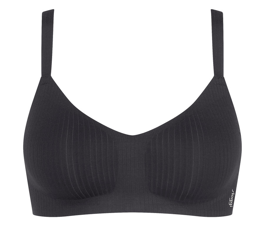 Czarny biustonosz z cienkimi ramiączkami i pionowym wzorem prążków.