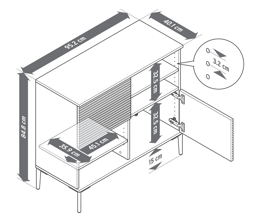 Szkic szafki „REET” z listwowym wzorem i wymiarami.