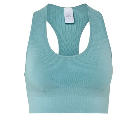 Zbliżenie turkusowego biustonosza sportowego z wycięciem typu racerback.