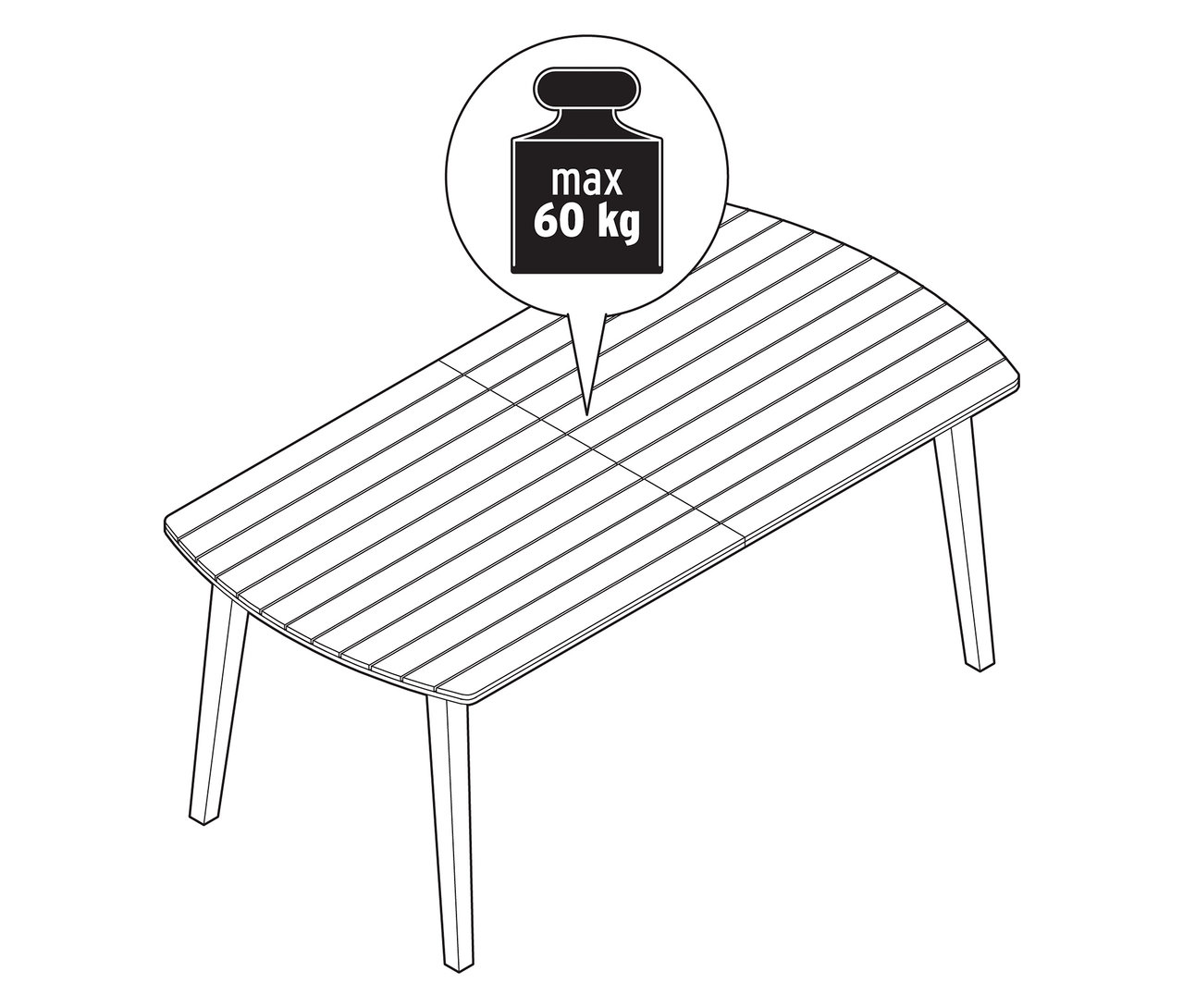 Czarno-biały rysunek liniowy rozkładanego stołu ogrodowego z zaokrąglonymi frontami, ok. 180-240 cm, z podaną wagą.