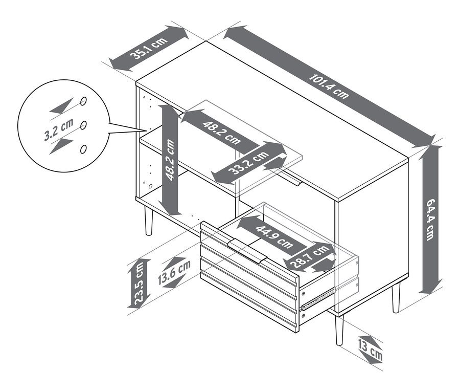 Szkic regału „BAAKEN” z 2 szufladami i wymiarami.