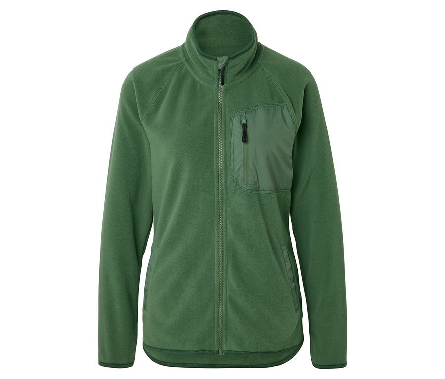 Zielona kurtka polarowa zapinana na zamek błyskawiczny z kieszenią na piersi zapinaną na zamek.