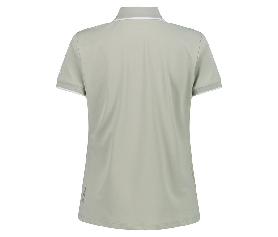 Widok z tyłu jasnozielonej koszulki polo z białymi akcentami na kołnierzyku i rękawach.