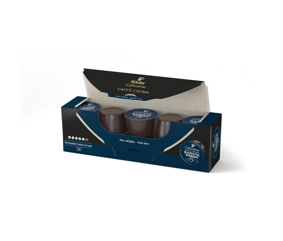 Otwarte ciemnoniebieskie opakowanie 10 kapsułek kawy Cafissimo BARISTA Caffè Crema India, ukazujące ciemnobrązowe kapsułki.
