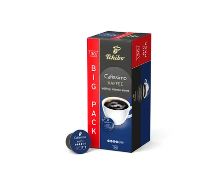 Opakowanie Cafissimo Kaffee kräftig - 30 kapsułek obok pojedynczej kapsułki.