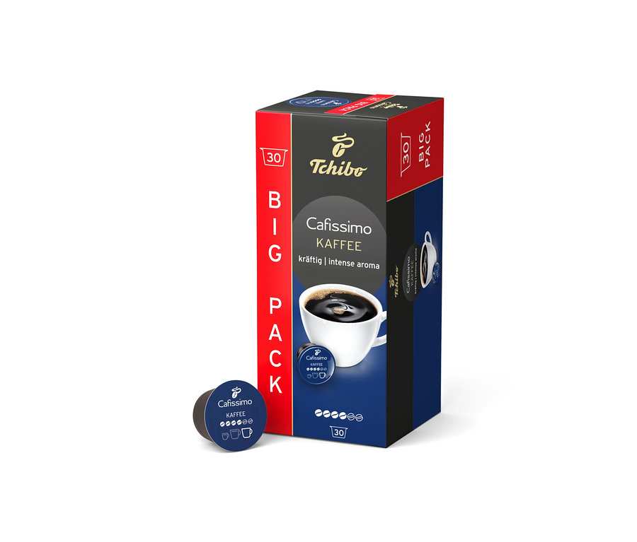 Opakowanie Cafissimo Kaffee kräftig - 30 kapsułek obok pojedynczej kapsułki.