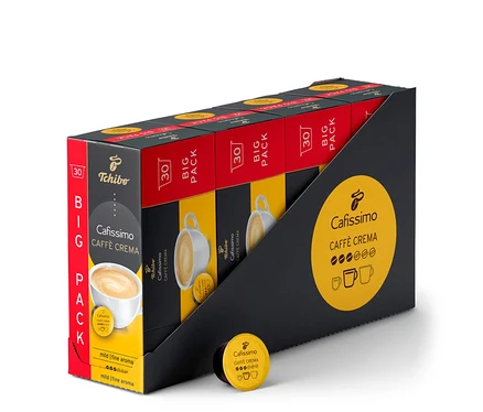 Opakowanie 120 kapsułek Caffè Crema Mild w czarno-czerwono-żółtym opakowaniu. Jedna kapsułka leży przed opakowaniem.