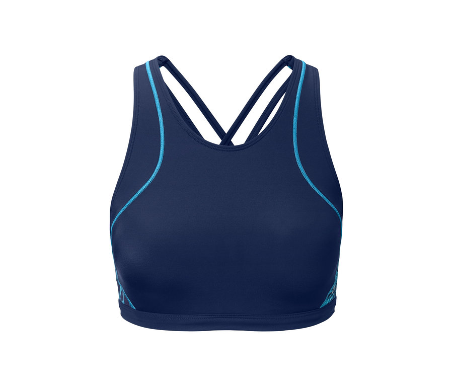 Zbliżenie granatowego topu sportowego od bikini z turkusowymi wstawkami ozdobnymi.