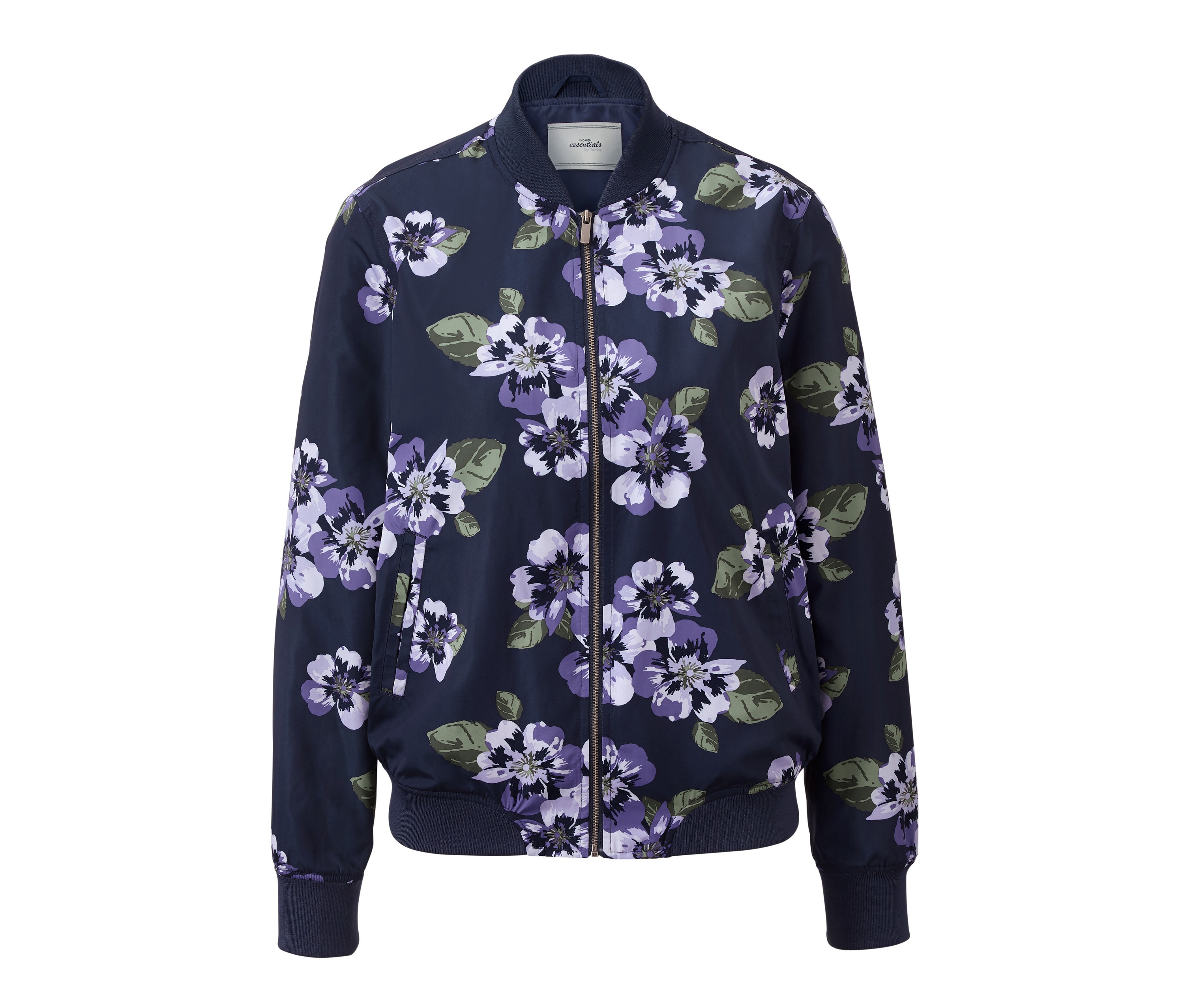 Granatowa bluza damska w stylu college z kwiatowym nadrukiem.