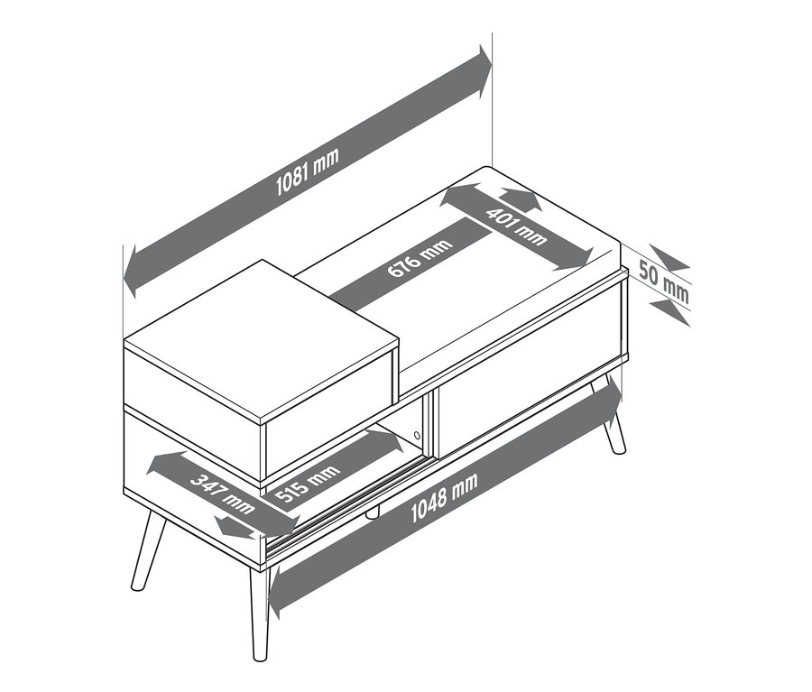 Rysunek ławki z szafką na buty z podanymi wymiarami.