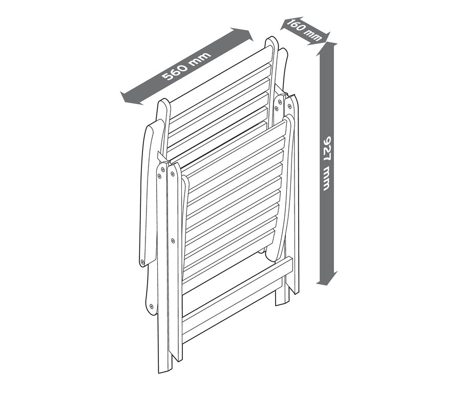 Złożone krzesło z wysokim oparciem »Leira« z regulowanym oparciem i wymiarami.