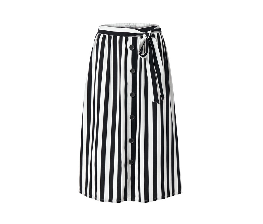 Pasiasta spódnica z tkaniny z guzikami i wiązaniem w pasie.